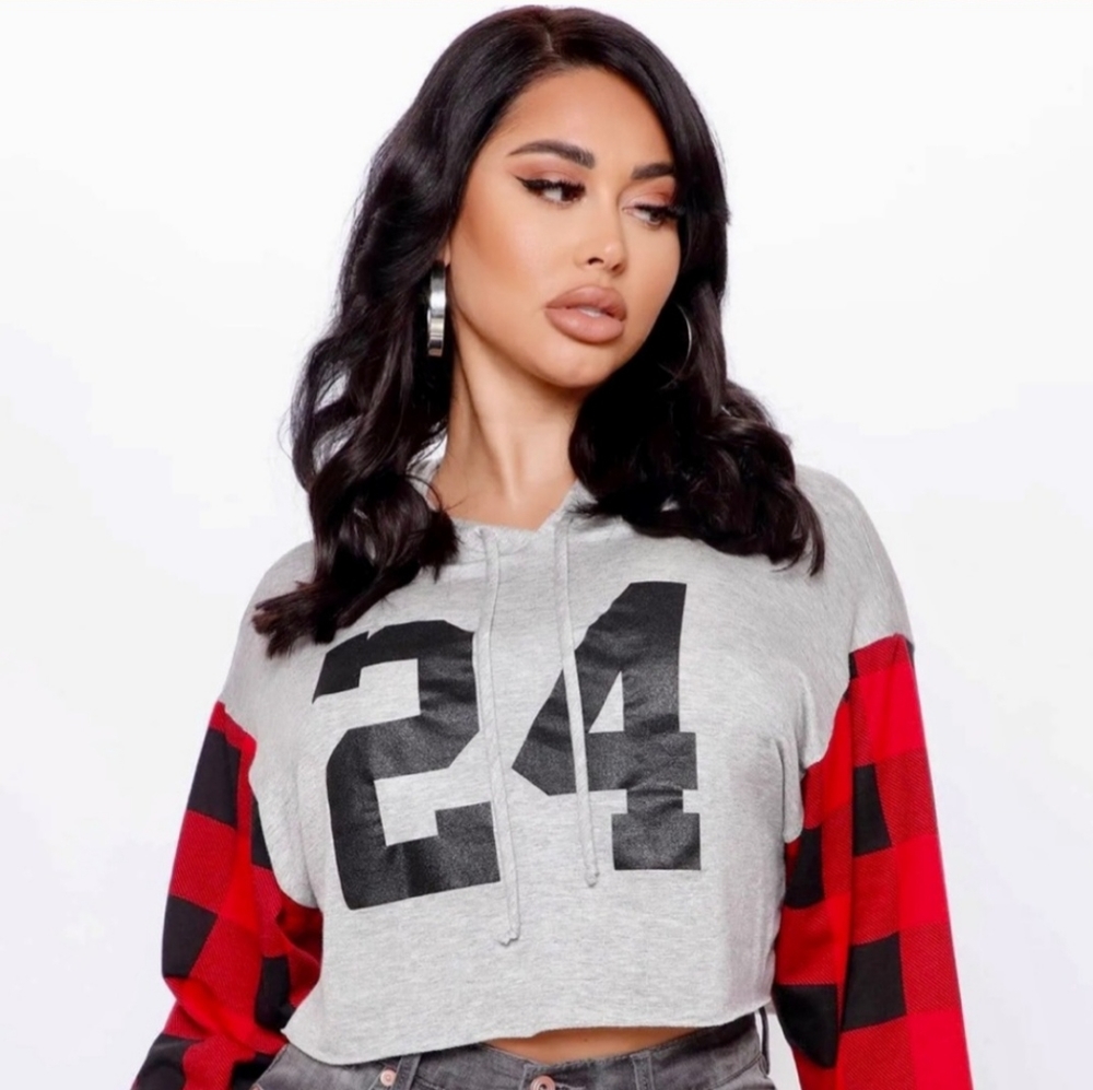 Plaid Sleeve Grey Crop Top Hoodie